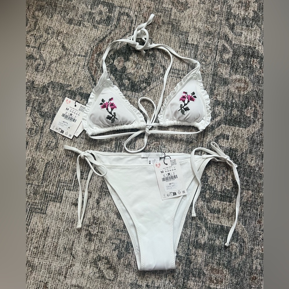 Zara White Bikini with Pink Floral Design